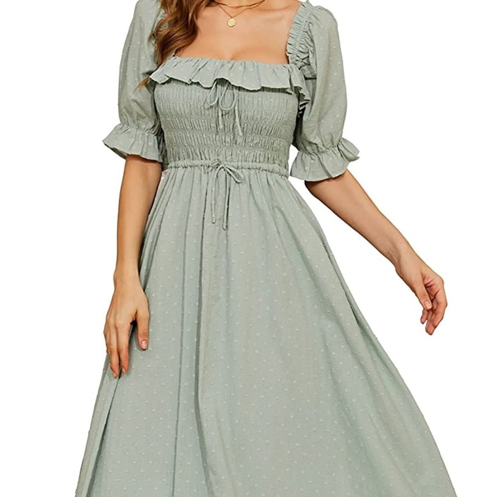 Vintage Elastic Square Neck Ruffled Half Sleeve Summer Backless